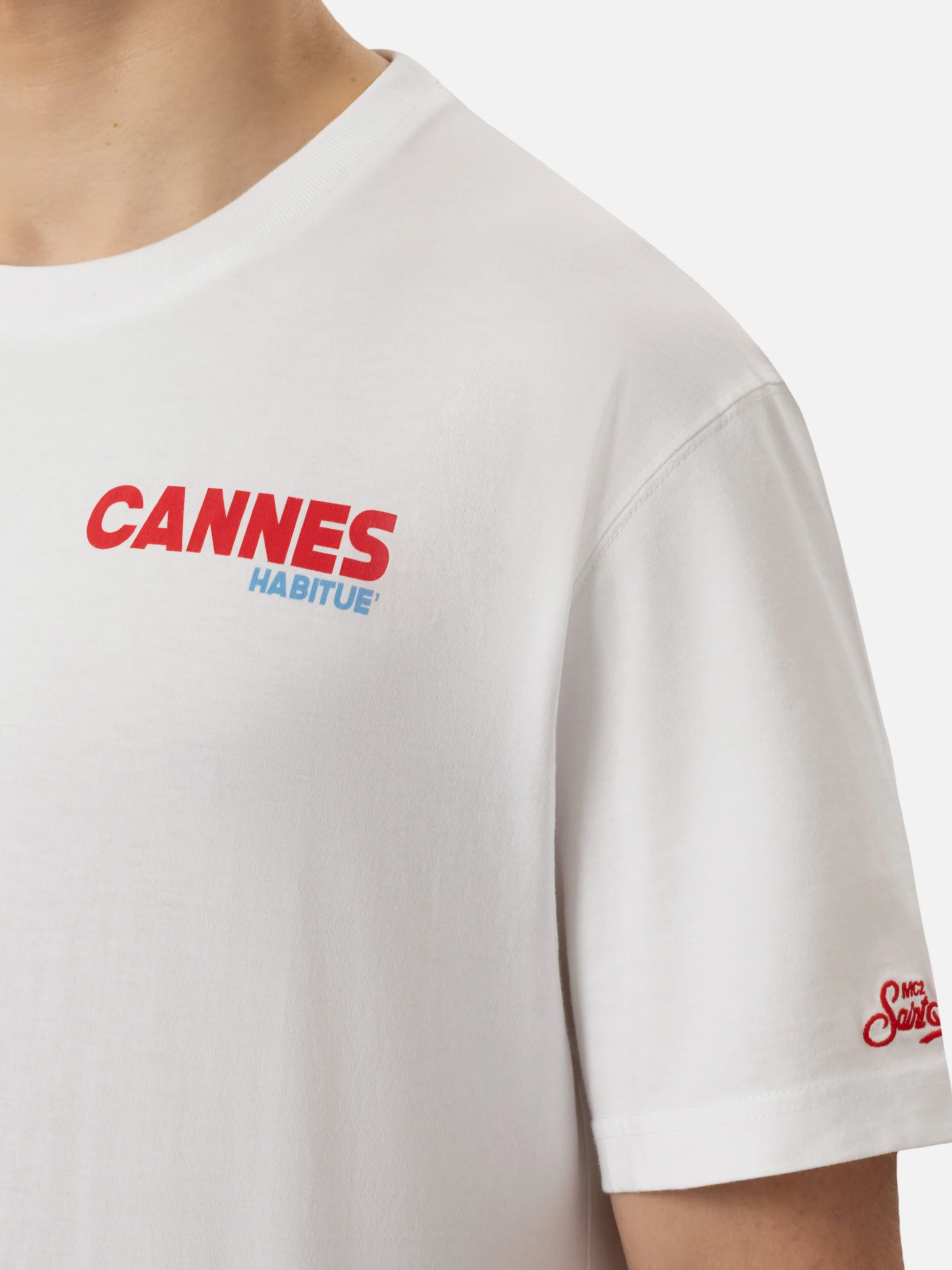T-shirt voor heren van biologisch katoen met print van een ansichtkaart van Cannes.