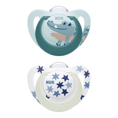 Nuk Star Day & Night Boy 18-36M -tutit, ortodonttiset, siniset, 2 kpl