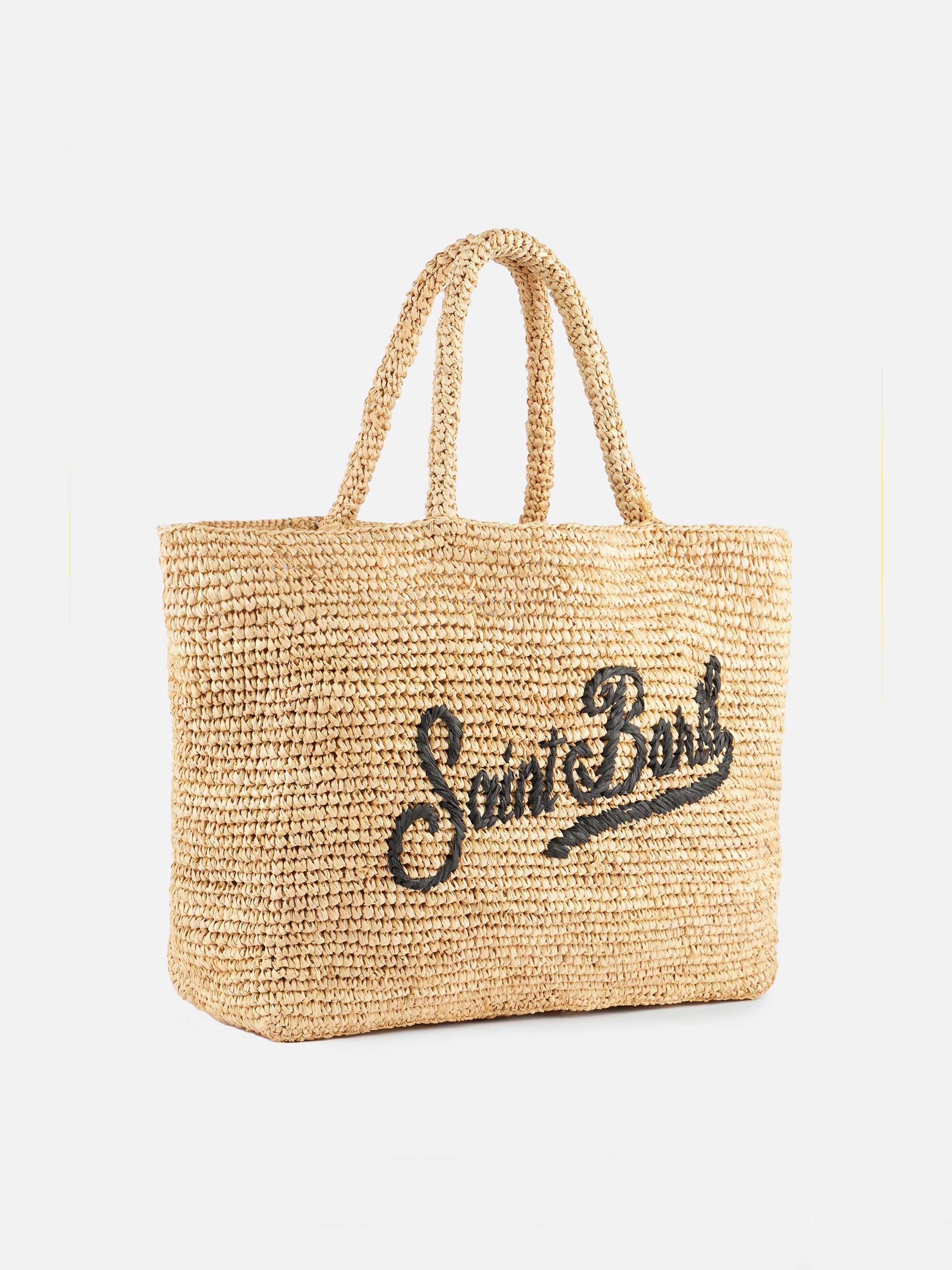 Raffia strandtas met afneembaar katoenen etui - Natuurlijke beige tas met logo-borduurwerk | MC2 Saint Barth