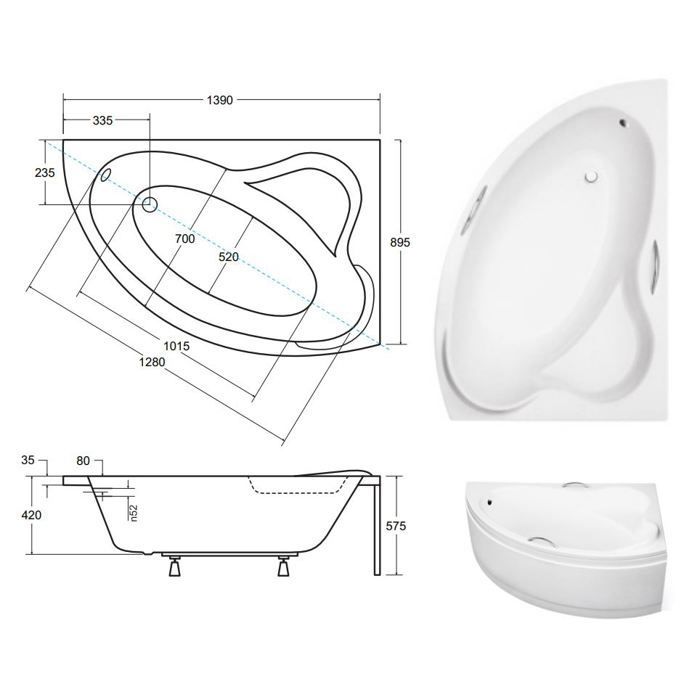 Baignoire Bain d'angle 140x90 Droite + poignée, Siphon de bain et pieds 4en1 ADA