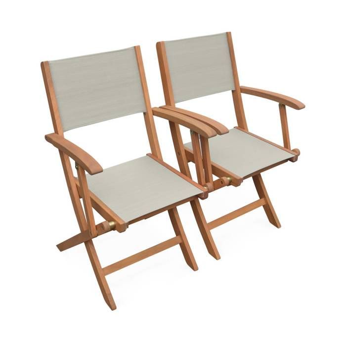 Sillones de jardín en madera y textilene - Almería Gris Topo - 2 sillones plegables en madera de eucalipto aceitada y textilene