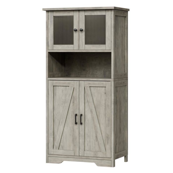 Meuble de rangement de cuisine - LUNSY - 4 compartiments - Portes en verre dépoli - Étagères réglables