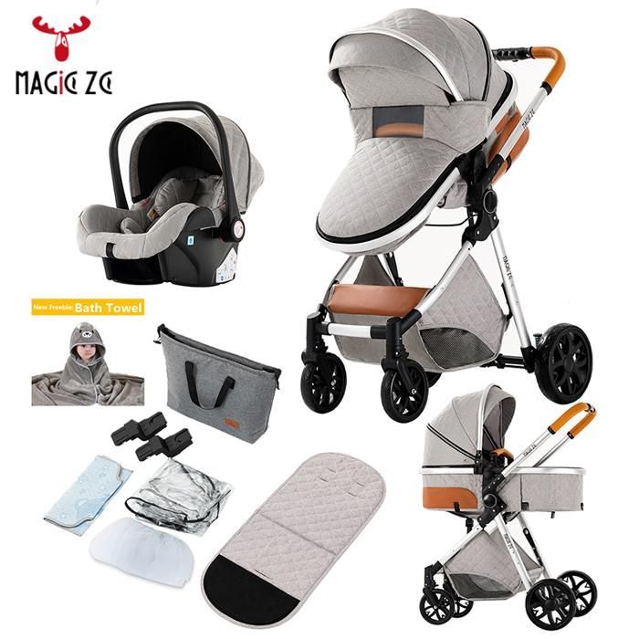 Poussette bebe Magic ZC Poussette trio, Pousette, Poussette cosy voyage, Serviette de bain+Sac à main+Pliage en un clic, Gris Clair