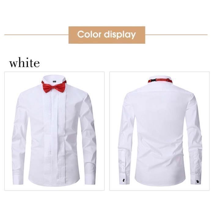 Camisa de boda para hombre con gemelos, elegante camisa de corte ajustado con pajarita, color liso - Blanco