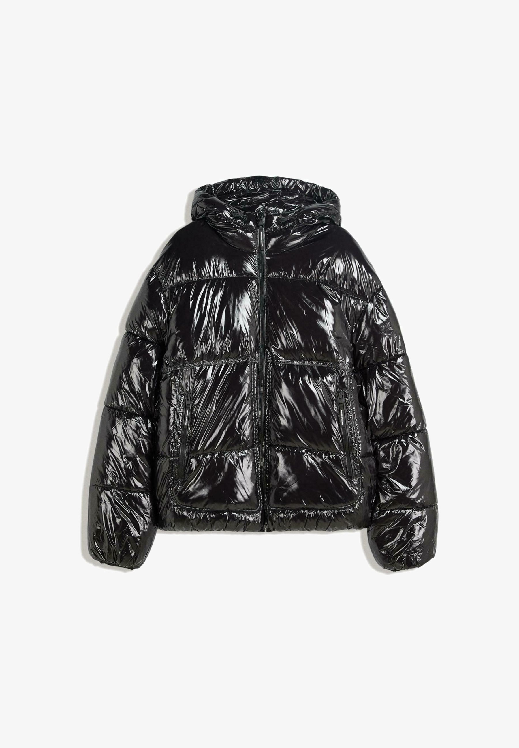 Bershka glanzende pufferjas met capuchon - Winterjas - zwart