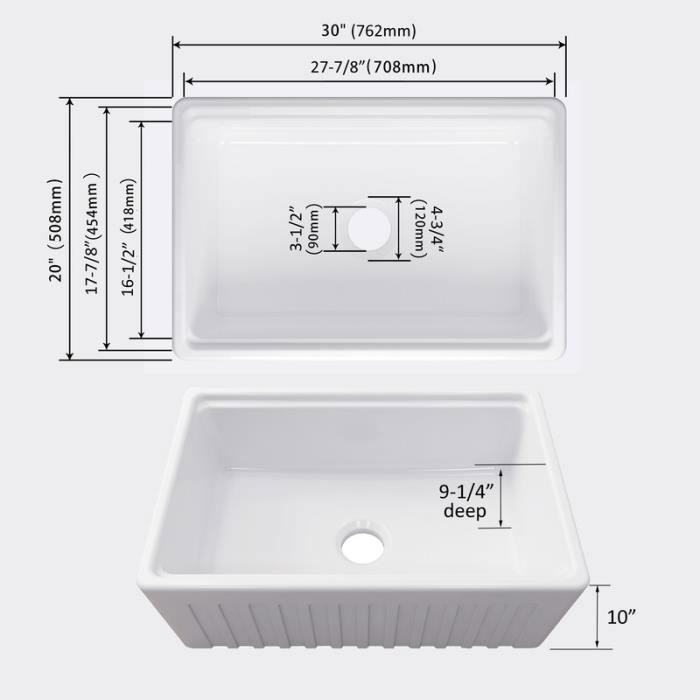Fregadero de cocina individual MEJE de 76,2 x 50,8 cm con borde escalonado y frontal tipo granja - Fregadero estampado - Blanco