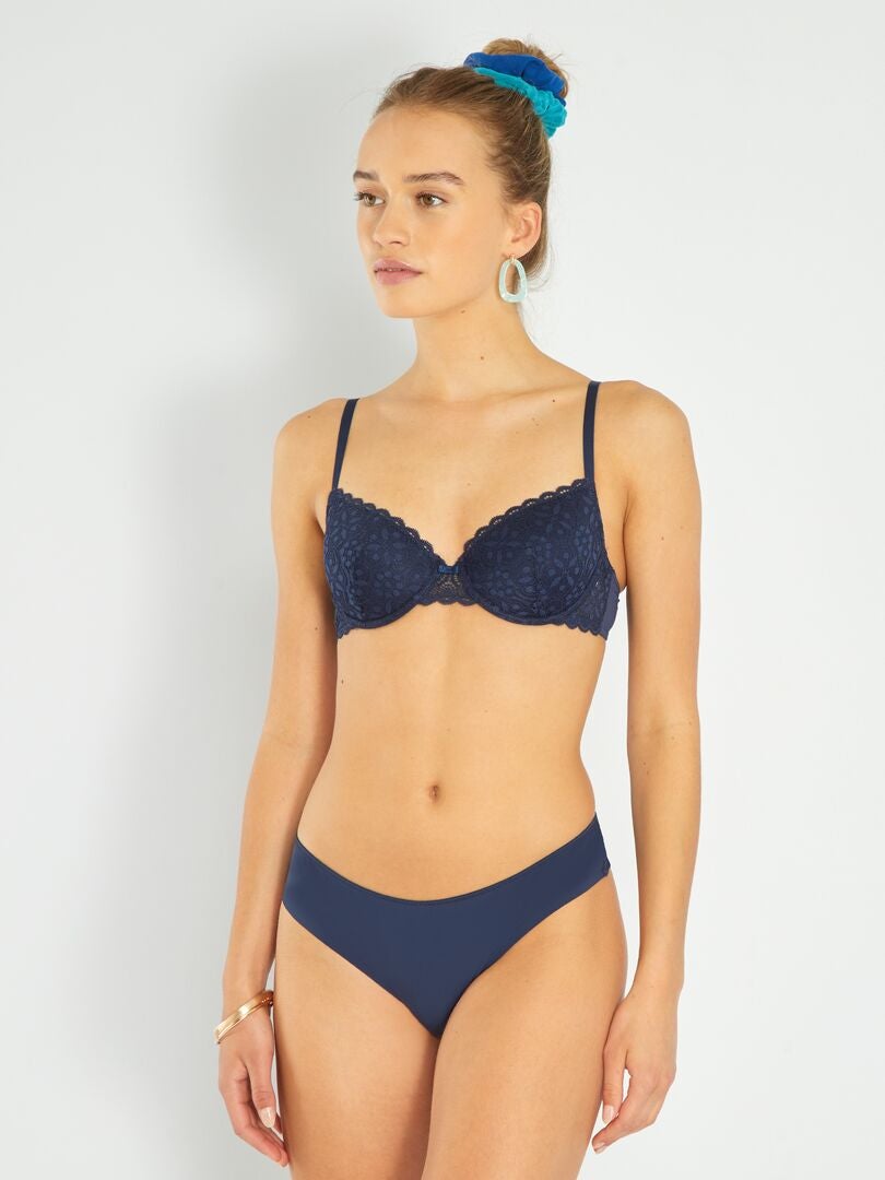 Stringtanga van microvezel en kant - blauwzwart