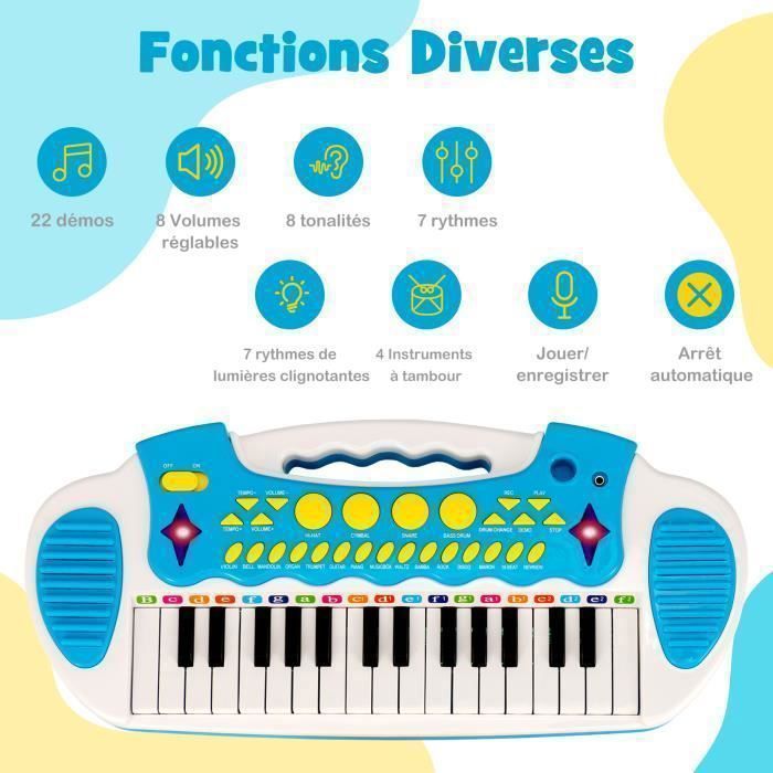 Piano electrónico para niños de 3 años, 31 teclas con taburete, COSTWAY - Micrófono, efectos de luz, 7 ritmos - Parada automática - Azul