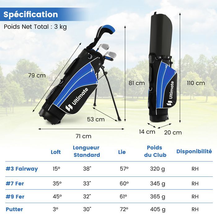 COSTWAY Kids Tripod Golf Bag 5-Piece Golf Club Set with Stand & Rain Cover, Ages 11-13, Blue