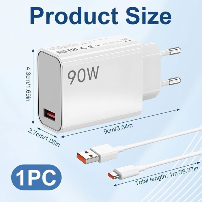 Caricabatterie rapido da 90 W per Xiaomi Redmi Note 14/13/12/11 Pro 14C, Hypercharge USB-C da 6 A, Turbo Charger con cavo USB-C da 1 m per Xiaomi