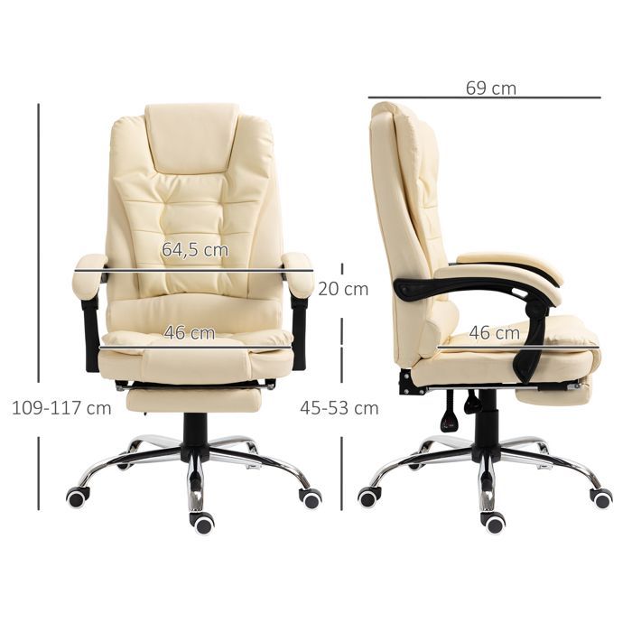 HOMCOM - Office chair - PU synthetic upholstery - 64.5x69x117cm - Cream
