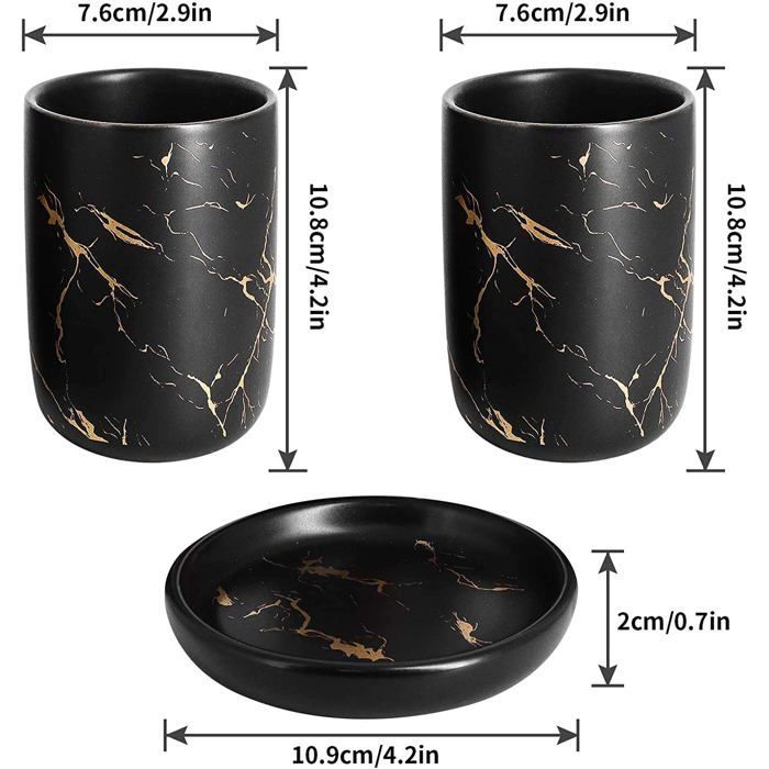 Badezimmer-Accessoire-Set – PNUATICM – 4-teilig – Keramik – Schwarz – Seifenspender