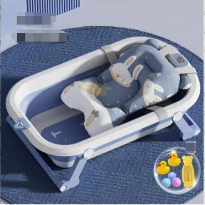 Bañera para recién nacidos - MIPAN - Bañera plegable para bebés - Con soporte + alfombrilla de baño + termómetro + juguete - Azul