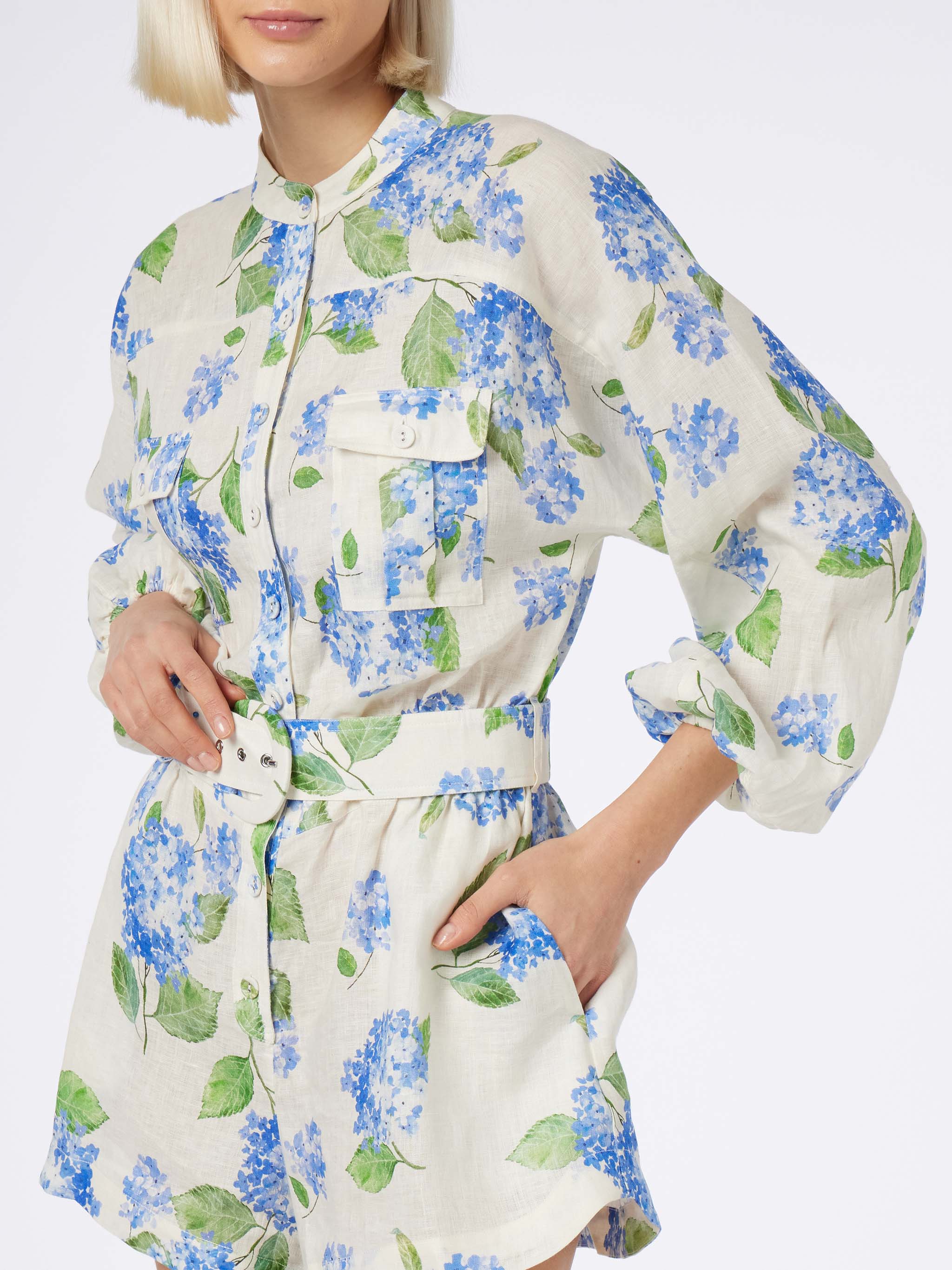 Woman Floral Linen Playsuit Hanniel | Long-Sleeved | Lilac Flower Print | Buttoned Front | Elastic Waist & Fabric Belt |100% Linen | MC2 Saint Barth