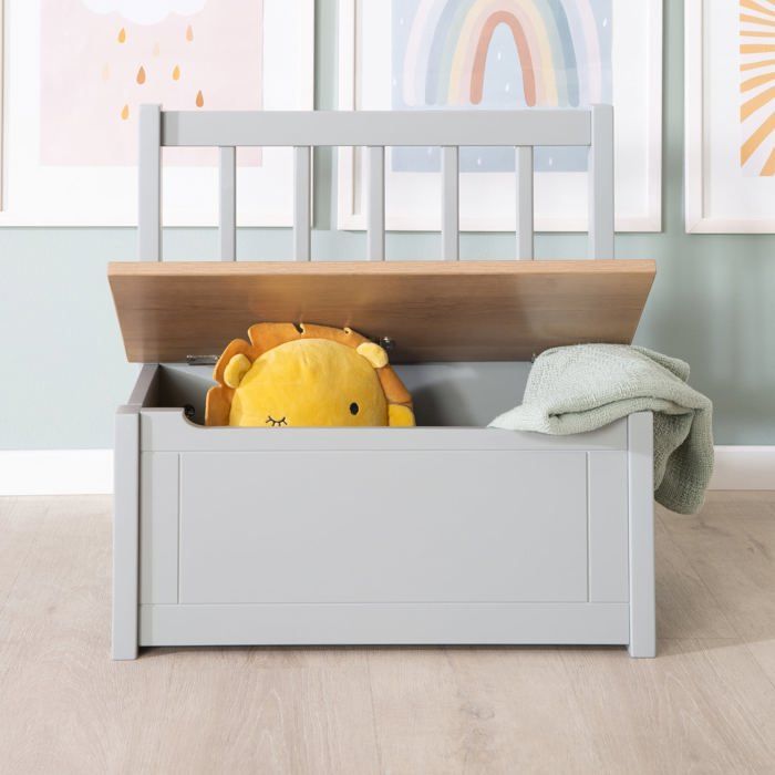 ROBA Banc Coffre à Jouets Woody pour Enfant - Meuble de Rangement en Bois 2 en 1 - Fermeture Douce - Taupe / Aspect Bois