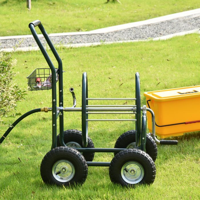 Outsunny 70m Garden Hose Reel on Wheels - Trolley with Non-Slip Handle - Metal - Green