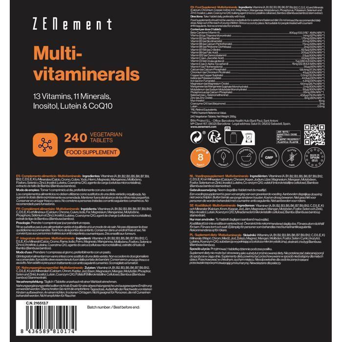 Multivitaminen: 13 vitaminen, 11 mineralen, inositol, luteïne en CoQ10 - 240 tabletten