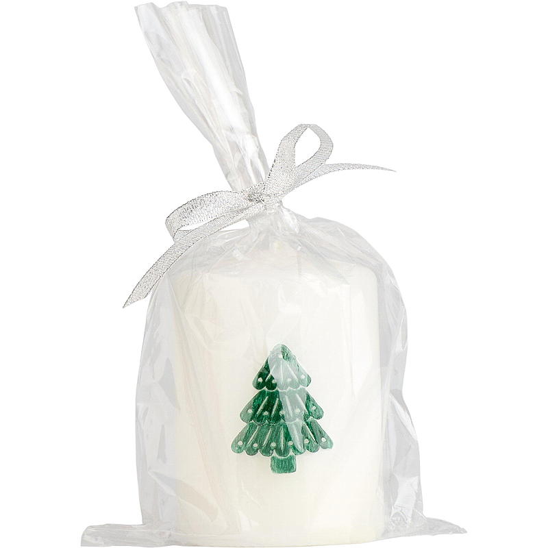 Kubusvormige kaars 10 cm ø 7 cm wit met kerstmotief