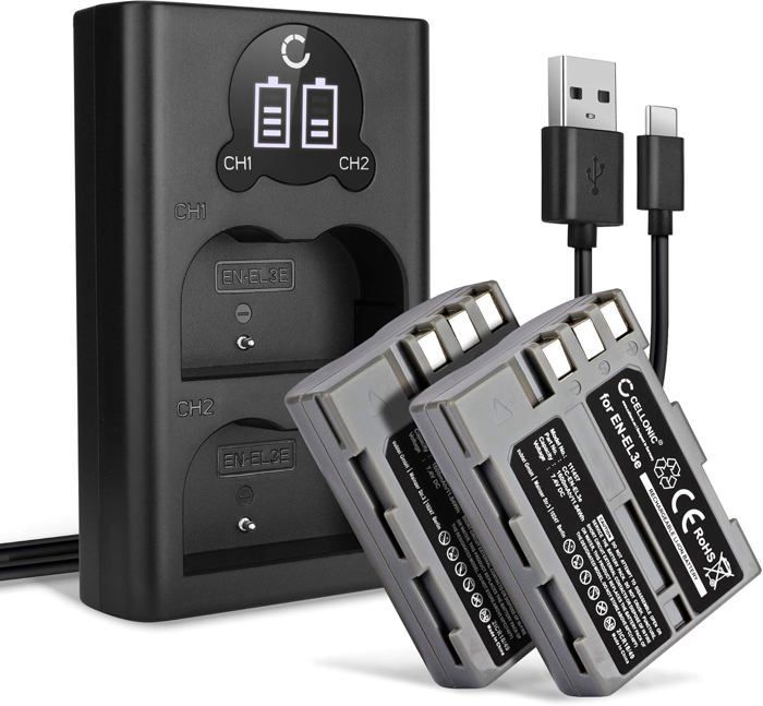 Set di 2 batterie da 1600 mAh e caricabatterie doppio compatibile con Nikon D700 D70s D80 D90 D900 D100 D200 D300 D300S D50 D70 - Batterie ricaricabili