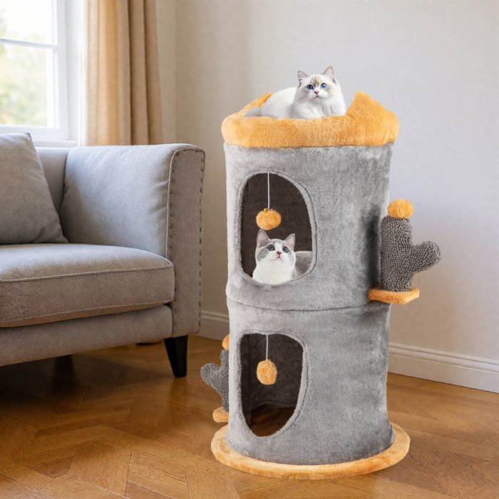 Arbre à Chat Mignon à 2 Étages COSTWAY, 2 Condos, 2 Boules en Peluche Suspendues, Perchoir Supérieur, Cachette en Forme de Tonneau