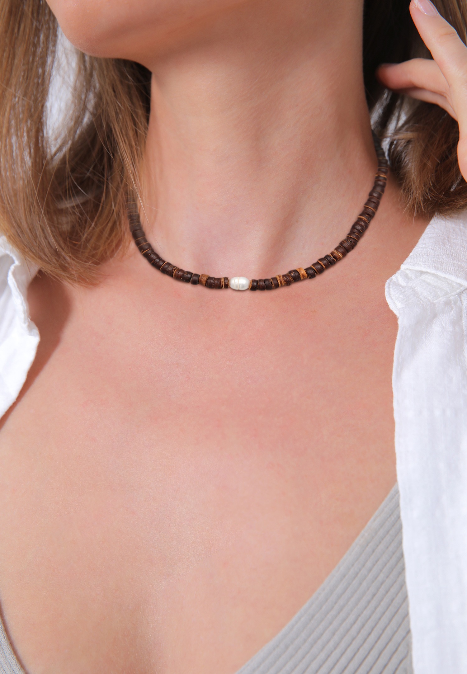 Elli PREMIUM Elli PREMIUM Collier Femmes Choker perles de coco avec perle de culture d'eau douce en argent sterling 925