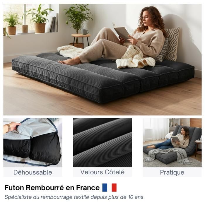 Futón con funda extraíble - 140 x 190 cm - Bananair - Gris oscuro