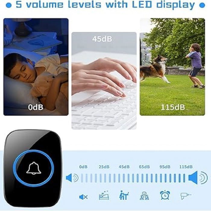 Sonnette sans Fil Exterieur300 Mètres, IP55 Étanche，60 Mélodies 、5 Niveaux Volume,  pour Maison au Bureau，LED noir