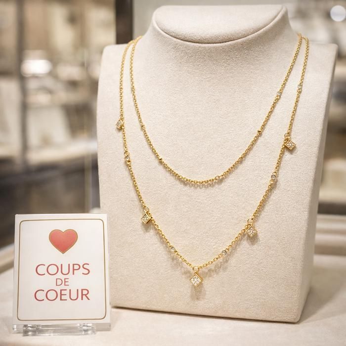 Collana da donna a più fili, placcata in oro 18 carati, doppia catena, pietre di zirconi cubici, 38-45 cm + 5 cm, gioiello con punzone, lussuoso ed elegante
