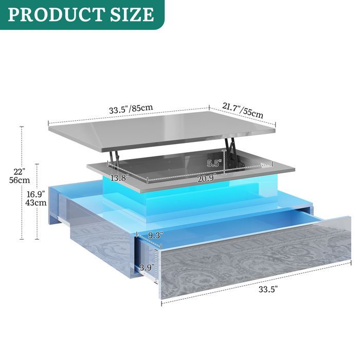 Balconera High-gloss lacquered coffee table with LED strip and 2 drawers, 85 cm (W) x 55 cm (D) x 41 cm (H), grey