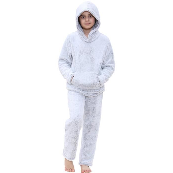 Pijamas infantiles de felpa gruesa y suave para niñas y niños, color gris, de 5 a 13 años.