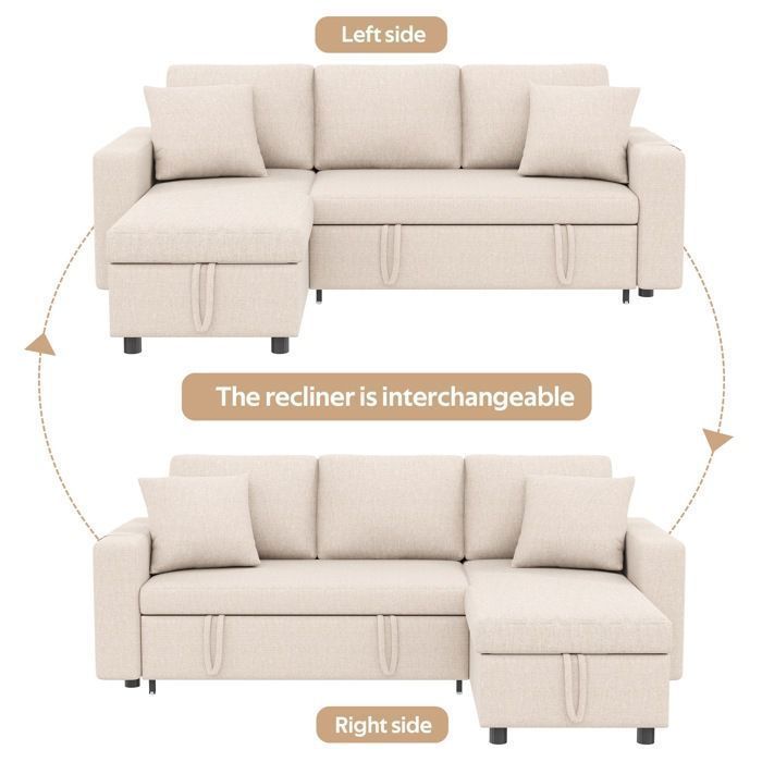 Canapé d'angle convertible réversible 3 places, Tissu en Lin,L219,canape convertible avec coffre de rangement,canapé en L,beige