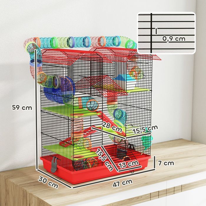 Cage pour hamster - PawHut - avec tunnel mangeoire roue jouet - pour souris petit animaux rongeur - 47 x 30 x 59 cm - rouge