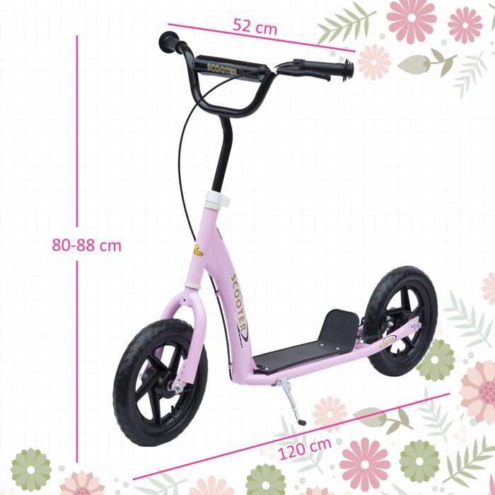 Trottinette enfant - HOMCOM - patinette pneus 30 cm hauteur guidon réglable frein béquille - acier - dès 5 ans - rose