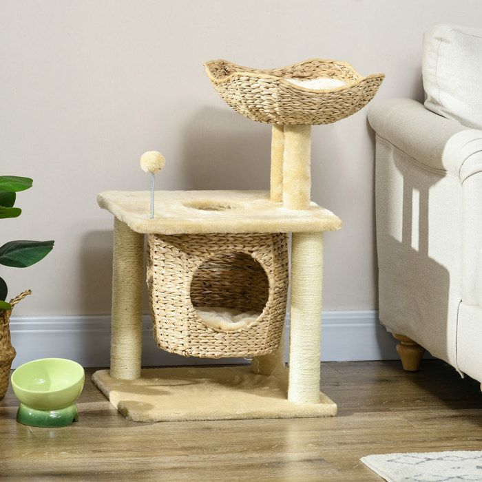 Cat tree scratching post - PawHut - cattail climbing tree with 1 den, basket, pom-pom, play tower - plush - height 74 cm - beige