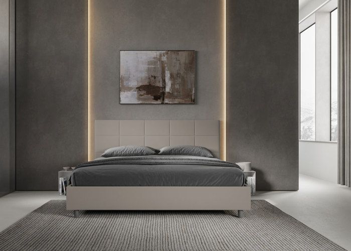 Cama king size con almacenamiento - Ityhome - Mika - 200x210 cm - Piel sintética color topo - Cabecero tapizado