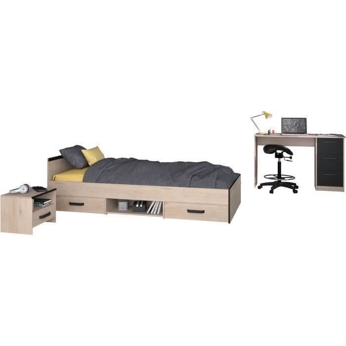 Chambre complète enfant 3 pièces ZODIAC - Lit + chevet + bureau - Décor chêne/noir - PARISOT