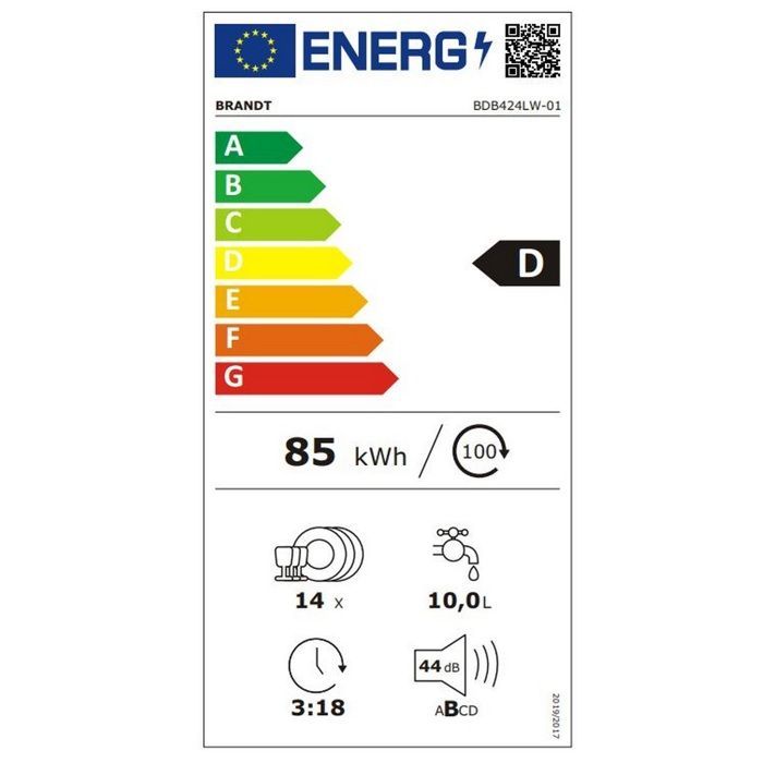 Lava-louças embutida BRANDT BDB424LW - Motor de indução - 9,5L/ciclo - 44 dB - Branca