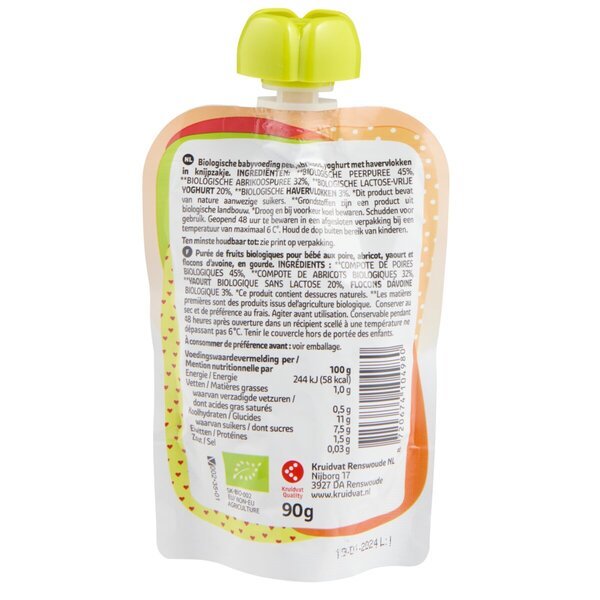 Kruidvat 6+M Organický jogurt marhuľovo-hruškový ovsený džús s ovocím<br>90g