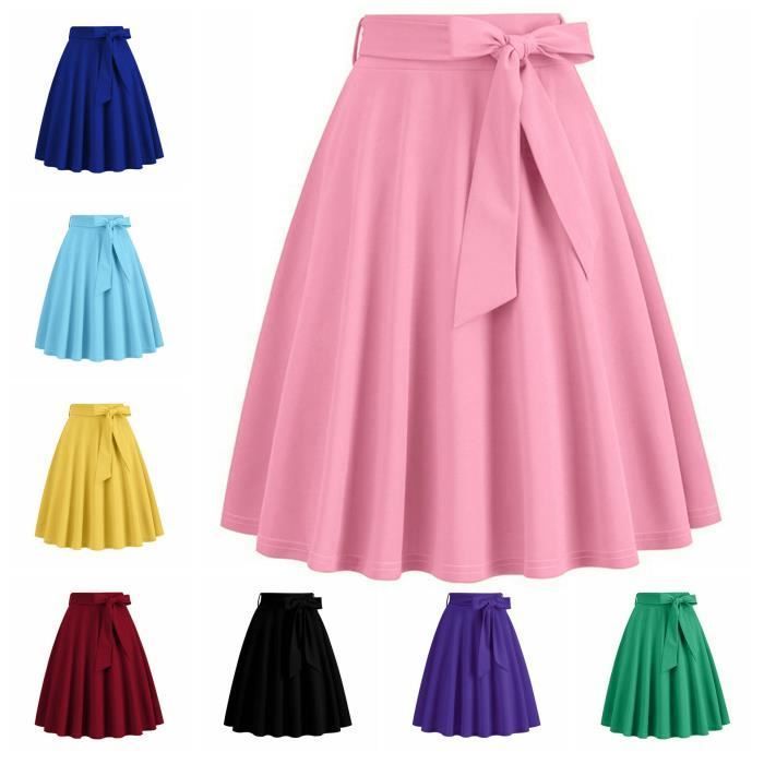 Falda skater plisada para mujer, cintura alta, elástica, falda midi acampanada con cinturón, color liso, cómoda - Azul oscuro
