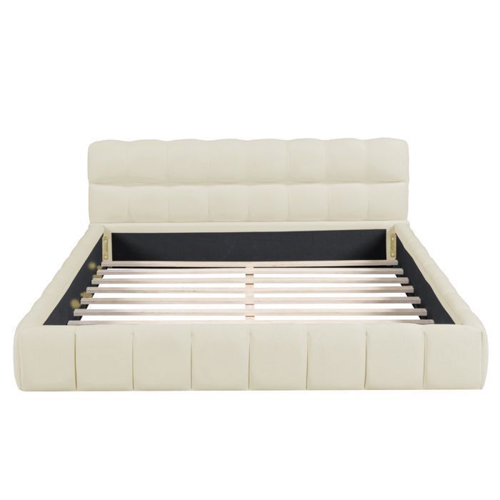 Lit 140 x 190 avec tête de lit et sommier, lit double tapissé lit au sol, cadre de lit 140x190 avec sommier à lattes, lin, beige