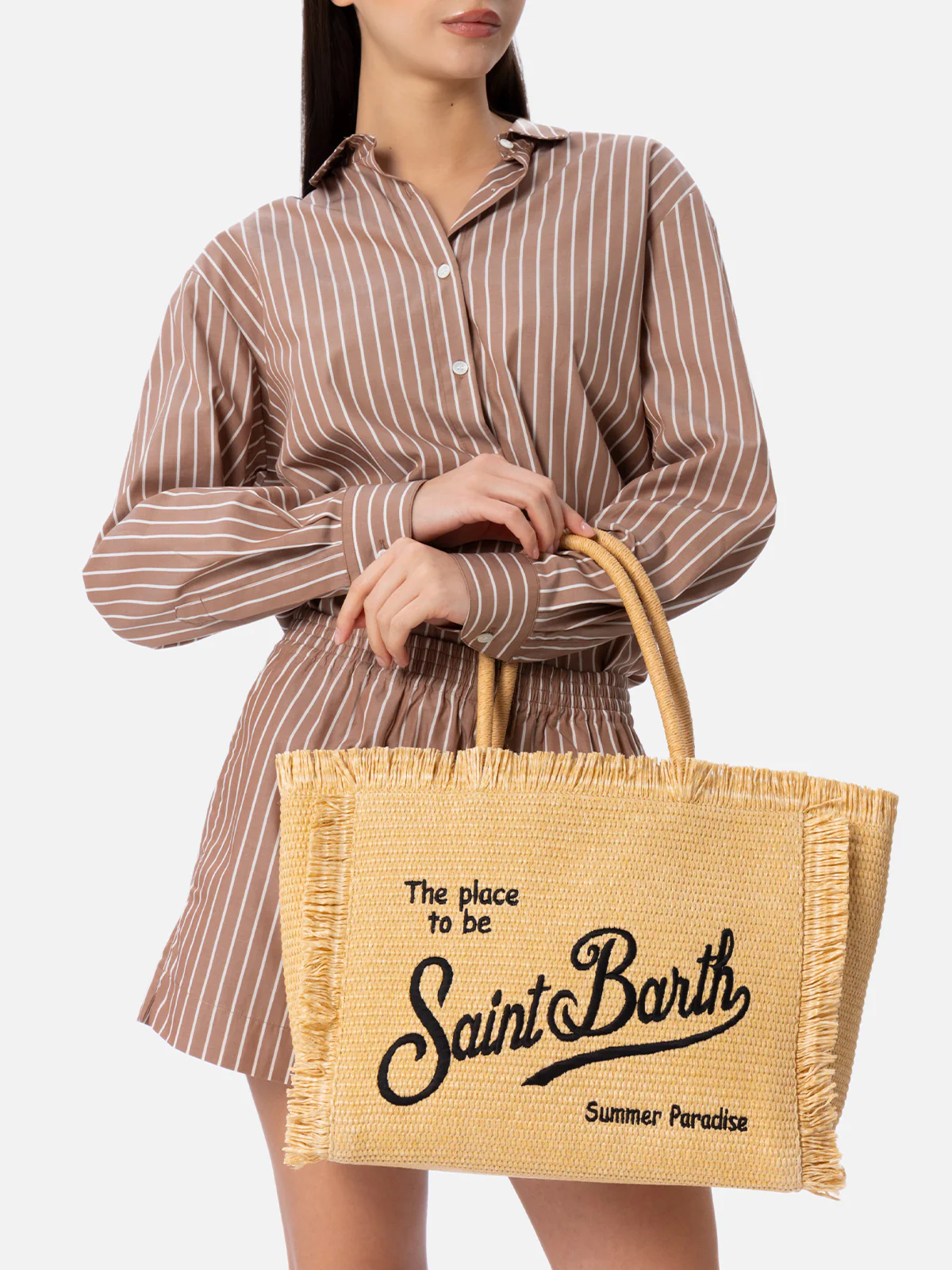 Bolsa de ombro Vanity bege com efeito palha