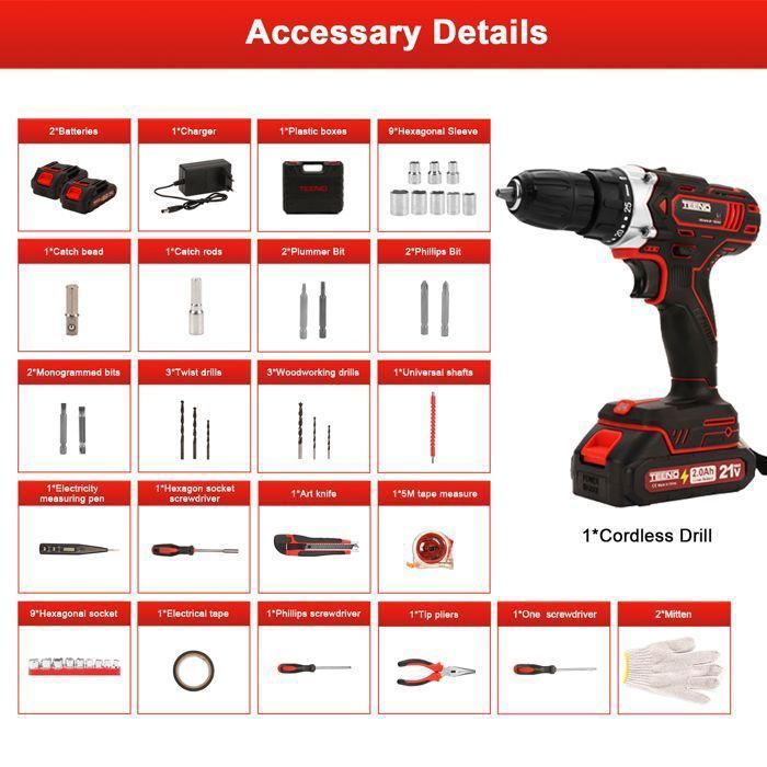 Trapano/avvitatore a batteria - TEENO - 21V - 45 Nm - 2 batterie da 2Ah - 46 accessori