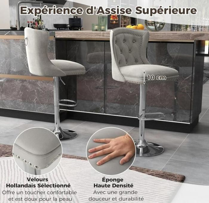 Tabourets de Bar Lot de 2 - RELAX4LIFE - Réglable en Hauteur 67-87CM- Pivotant à 360° - Chaise en Velours - Pied en Métal - Gris