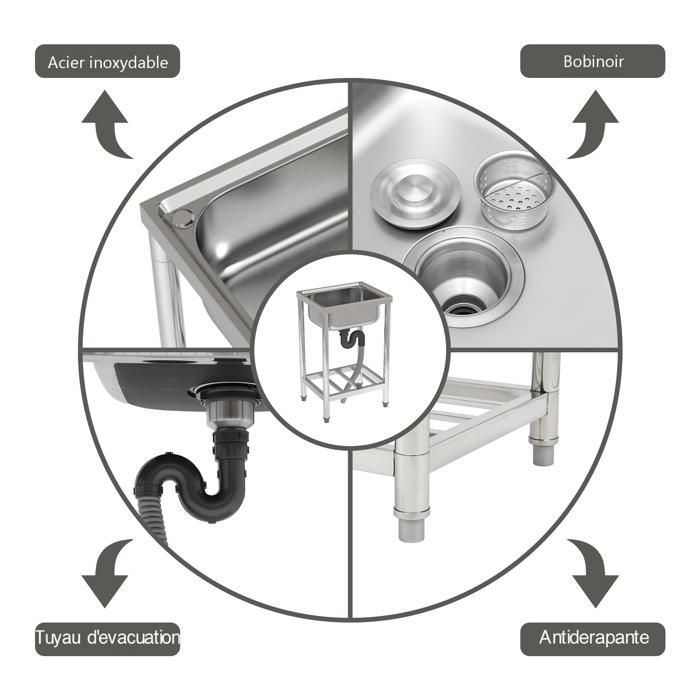 Évier de Cuisine avec robinet Inox Argent 50 x 40 x 80 cm 1 bac evier cuisine multifonction, facile à nettoyer, avec lave-mains