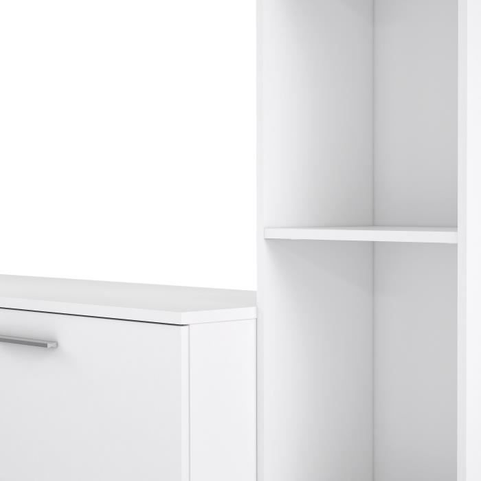Mueble de TV PILVI con panel de pared - Tablero de partículas melaminado - Acabado blanco mate - Puerta de cristal + 1 puerta abatible + 5 estantes - Ancho 220 x Profundidad 41 x Alto 177,5 cm