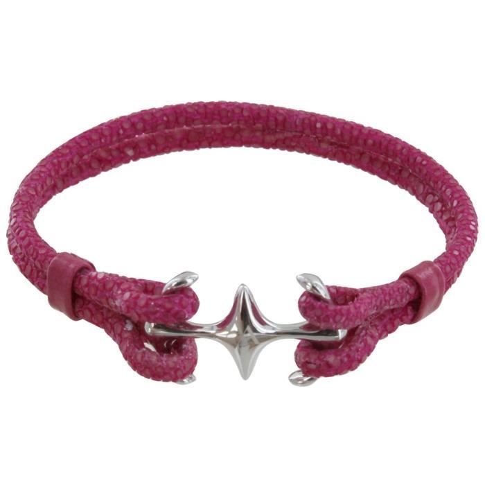 Les Poulettes Bijoux - Unisex gerhodineerde zilveren armband met dubbel anker en shagreen - 18 cm - Fuchsia