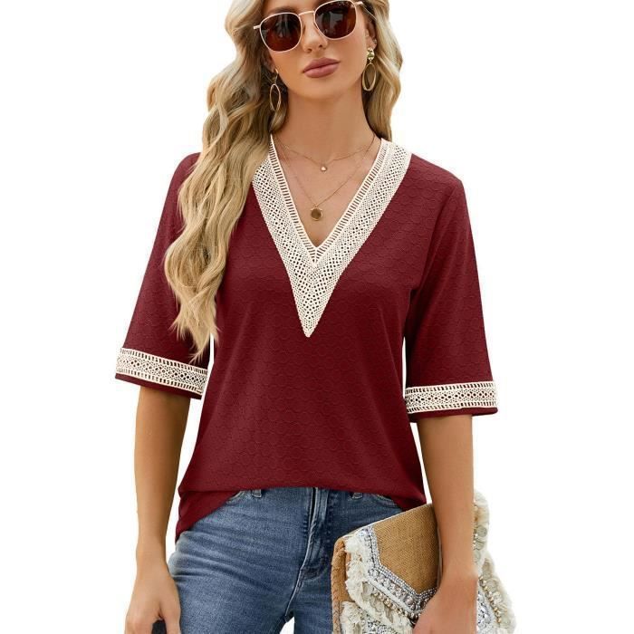 T-Shirt Femme Été Manches Courtes Col V avec Dentelle Casual Bordeaux - INSFITY - Loose - 65% Rayon