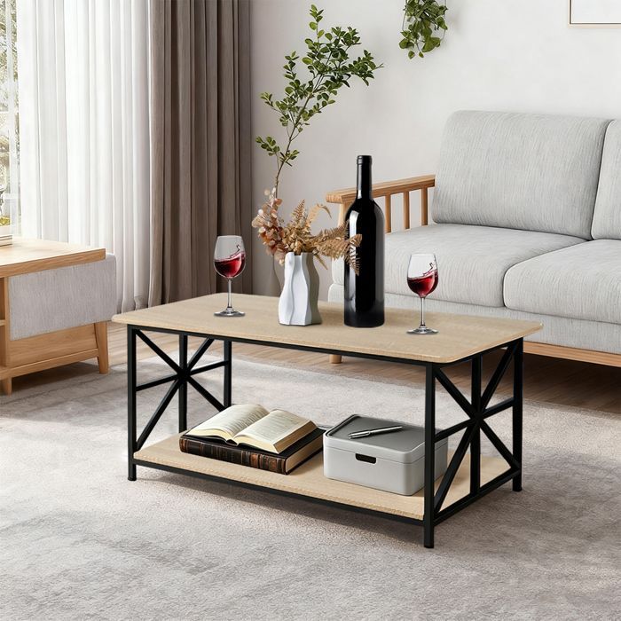 Mini table basse, table basse à double rangement, table de loisirs, 100*52*47,5 cm, marron clair + structure noire.