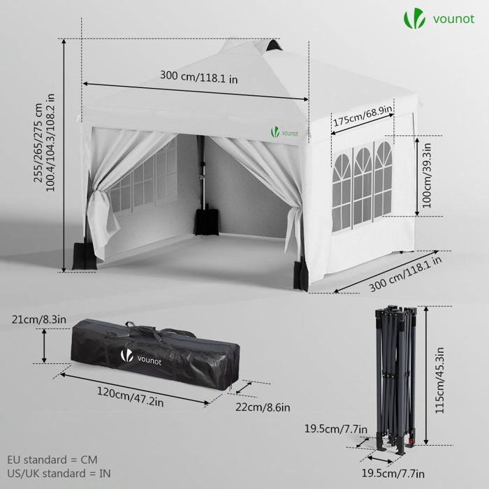 Cenador de jardín plegable VOUNOT® de 3x3 m con puertas y ventanas - Impermeable y resistente a los rayos UV - Blanco