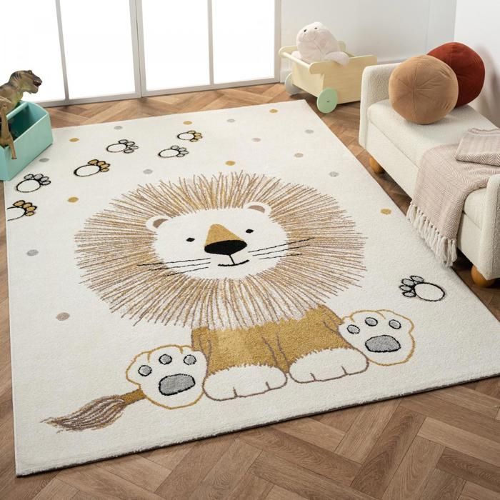 Tapis enfant 40x60 rectangle tissé crème motif animaux SWEETLION